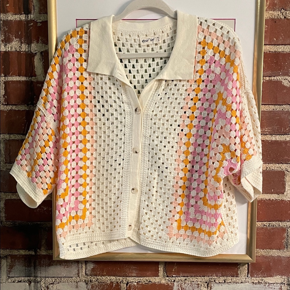 Cream Crochet Button-Down Top with Pink & Mustard Accents